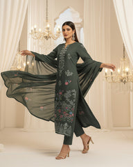 Forest Green Bana Dora Embroidered Dhanak 3PC Unstitched