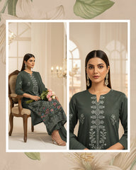 Forest Green Bana Dora Embroidered Dhanak 3PC Unstitched