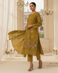 Mustard Olive Bana Dora Embroidered Dhanak 3PC Unstitched