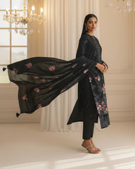 Midnight Black Bana Dora Embroidered Dhanak 3PC Unstitched