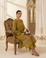 Mustard Olive Bana Dora Embroidered Dhanak 3PC Unstitched