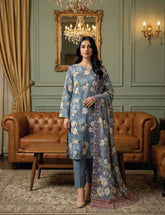 Slate Blue Digital Print 3-Piece Unstitched