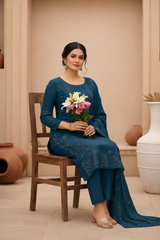 Teal Blue Bana Dora Signature Dhanak 3PC Unstitched