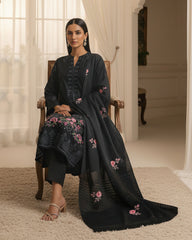 Midnight Black Bana Dora Embroidered Dhanak 3PC Unstitched