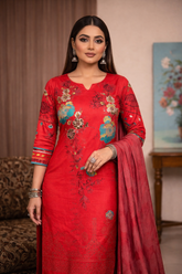Gulnaar Red Viscose Bana Dora 3-Piece Unstitched