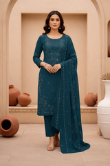 Teal Blue Bana Dora Signature Dhanak 3PC Unstitched