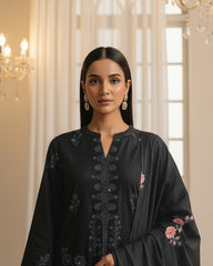 Midnight Black Bana Dora Embroidered Dhanak 3PC Unstitched