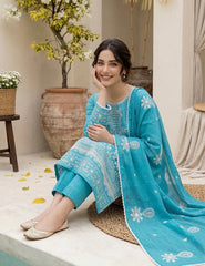 Turquoise Bloom double head embroidery 3-Piece Unstitch