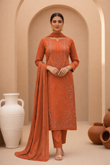 Clay Rust Bana Dora Signature Dhanak 3PC Unstitched