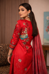 Gulnaar Red Viscose Bana Dora 3-Piece Unstitched
